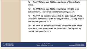 Detail from the 2012 Lititz Borough Water Quality Report, which stated that in 2010 no samples exceeded the Action Level (15 ppb). A lead level of 428 ppb was measured but not published. Screenshot from LititzBorough.org.
