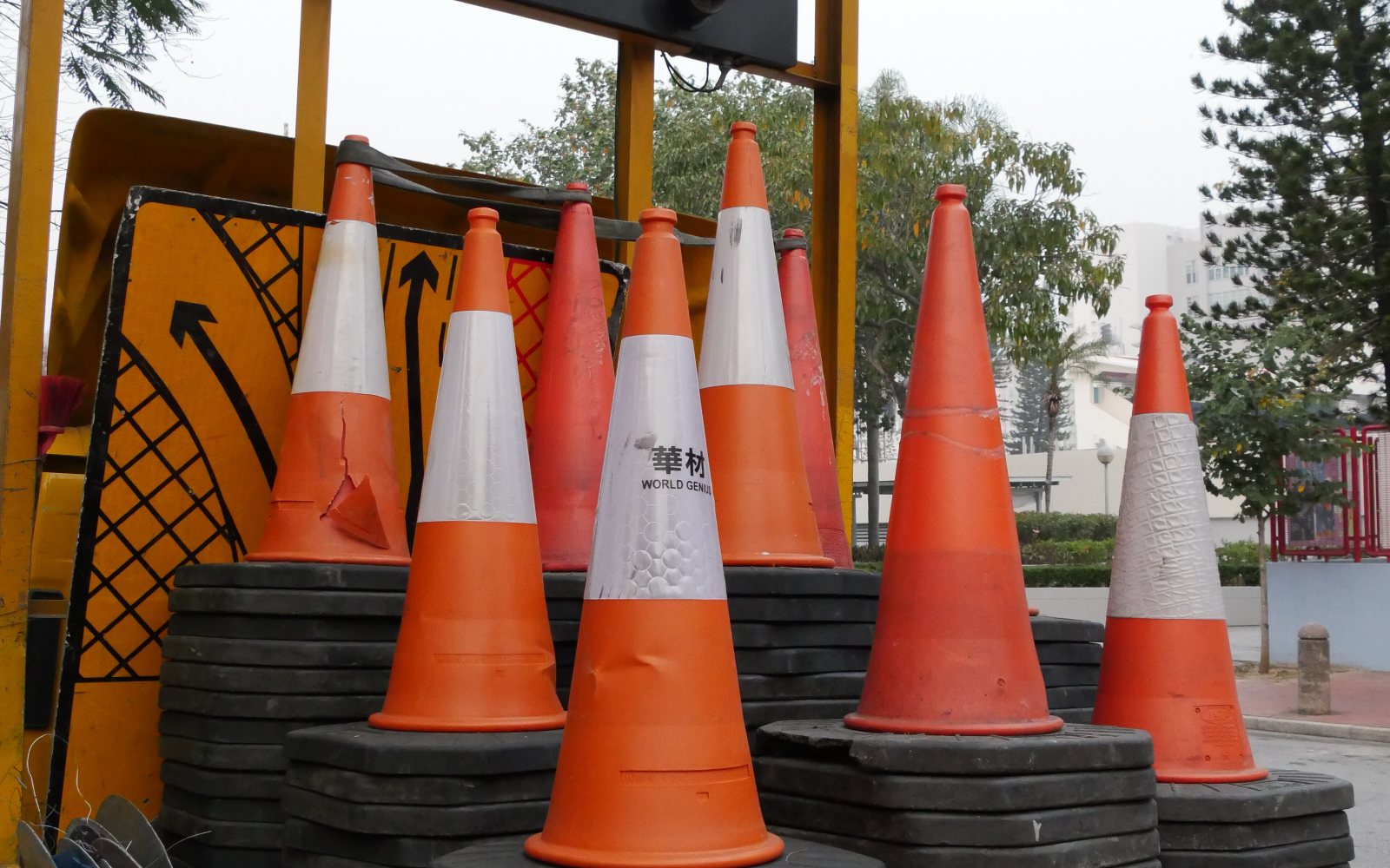 Orange construction cones along a road
