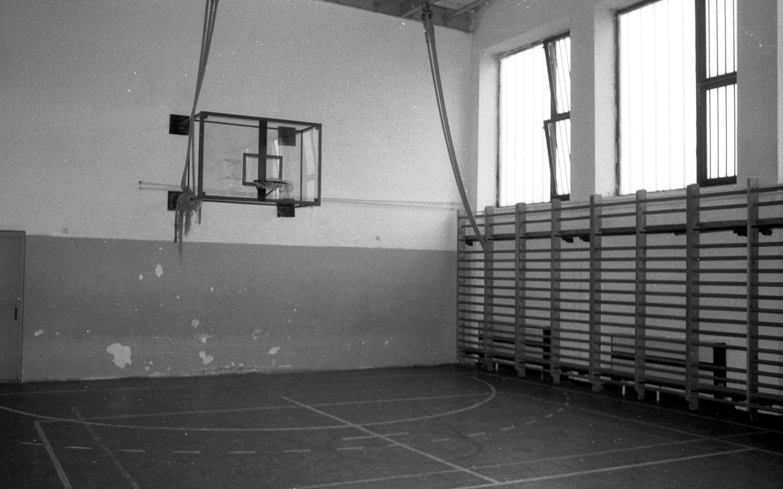 Basketball hoop in a school gymnasium
