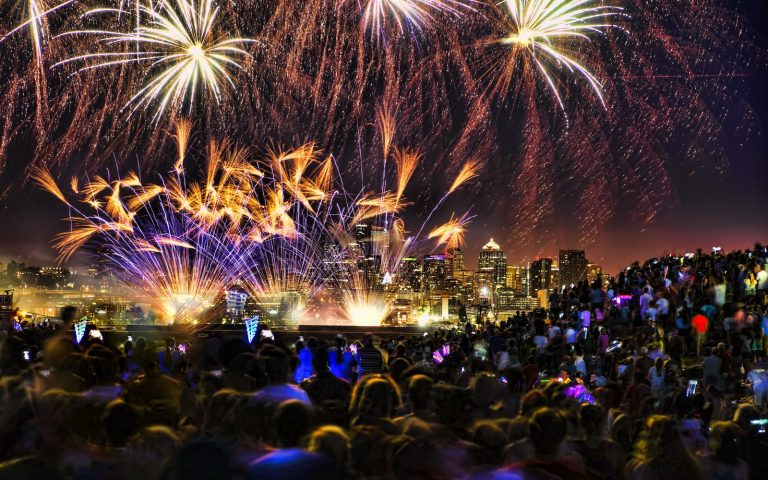 Fireworks bursting over a park at night