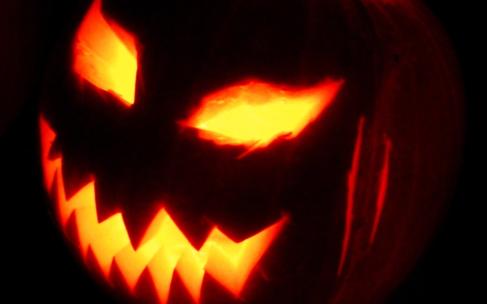 Carved jack-o-lanterns glowing at night