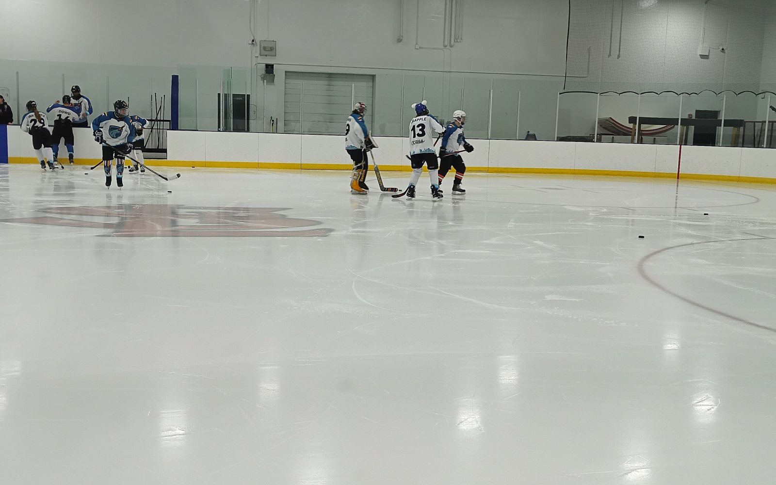 Ice hockey players chase the puck on a rink